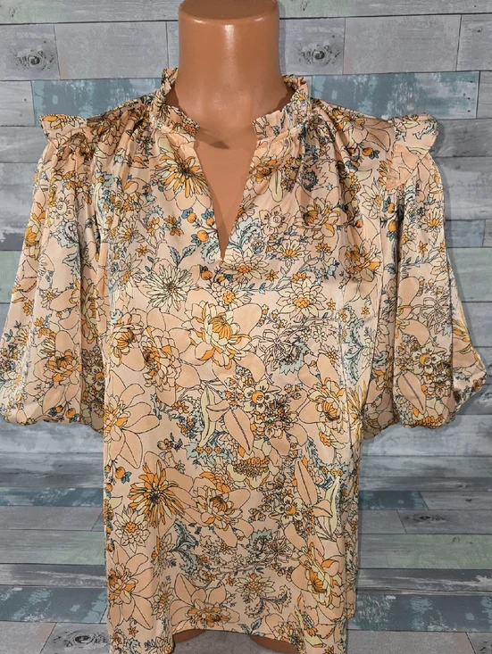 THML Peach Floral Ruffle-Neck Blouse/Shirt/Top Sz Medium - Picture 1 of 5